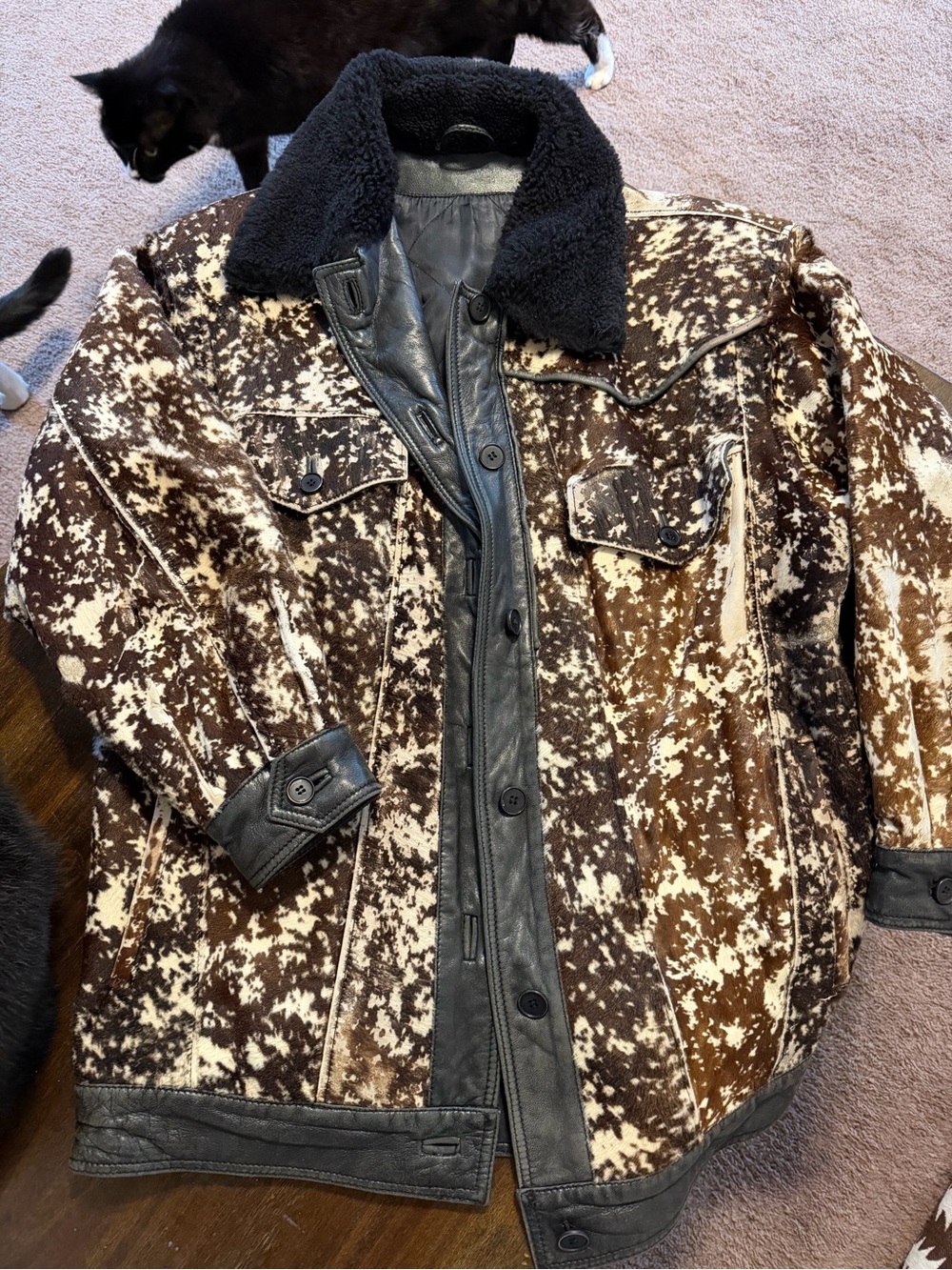 Womens Brown & Cream Cowhide, Leather and Shearling-Trim Jacket